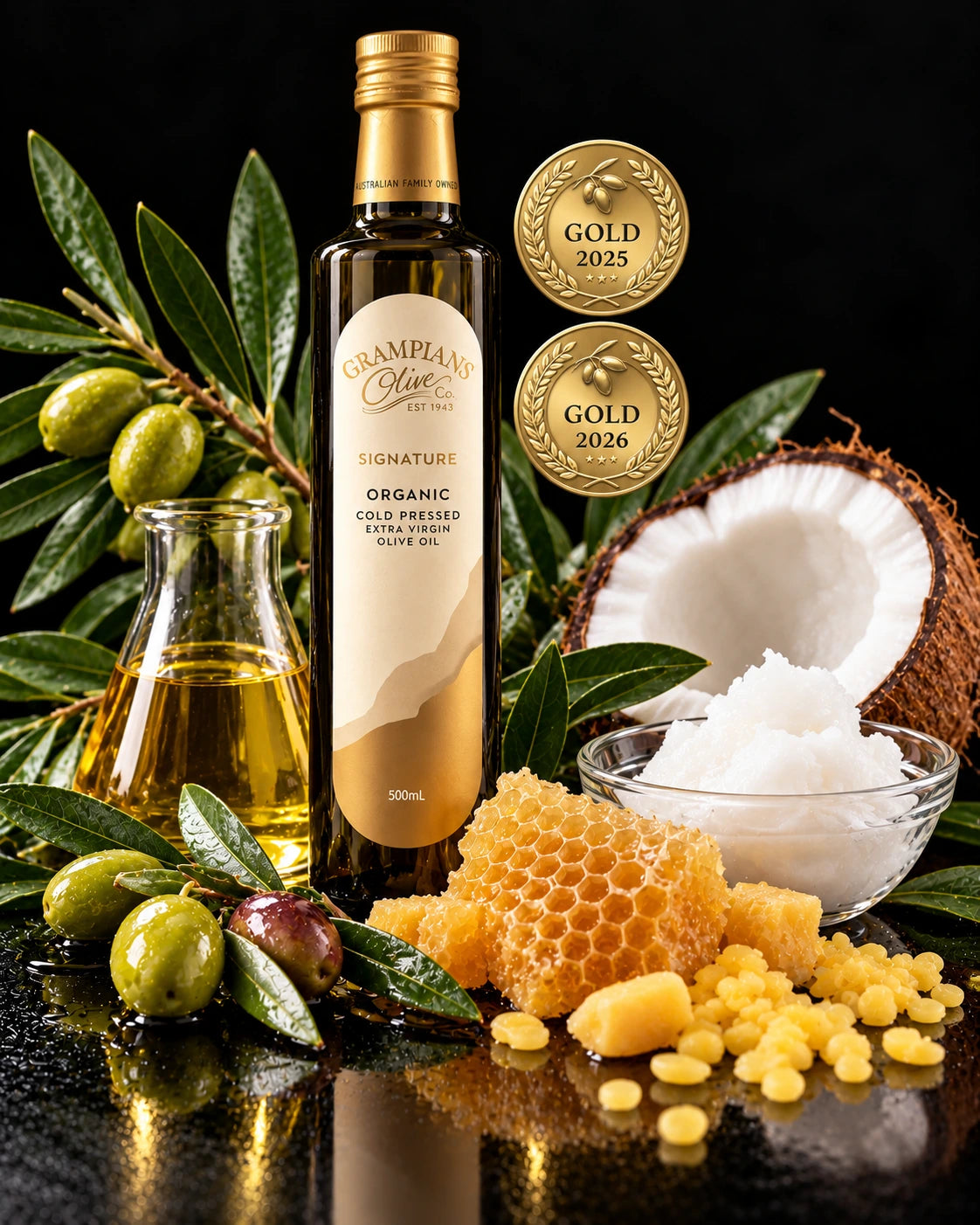 Grampians Olive Co extra virgin olive oil, virgin coconut oil and organic beeswax