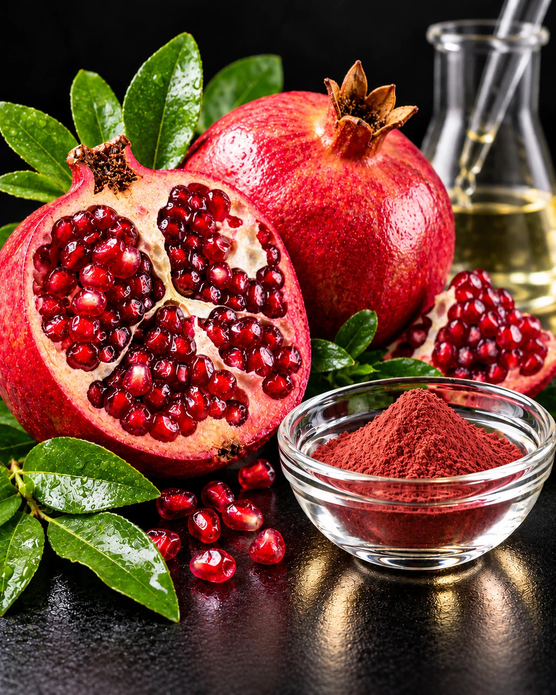 A whole and a halved pomegranate with bright red arils beside a glass dish of pomegranate extract powder on a dark bench.