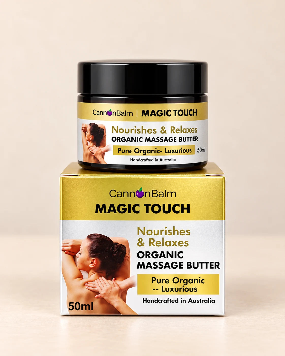 MAGIC TOUCH Organic Massage Butter, approved 50 mL jar and box