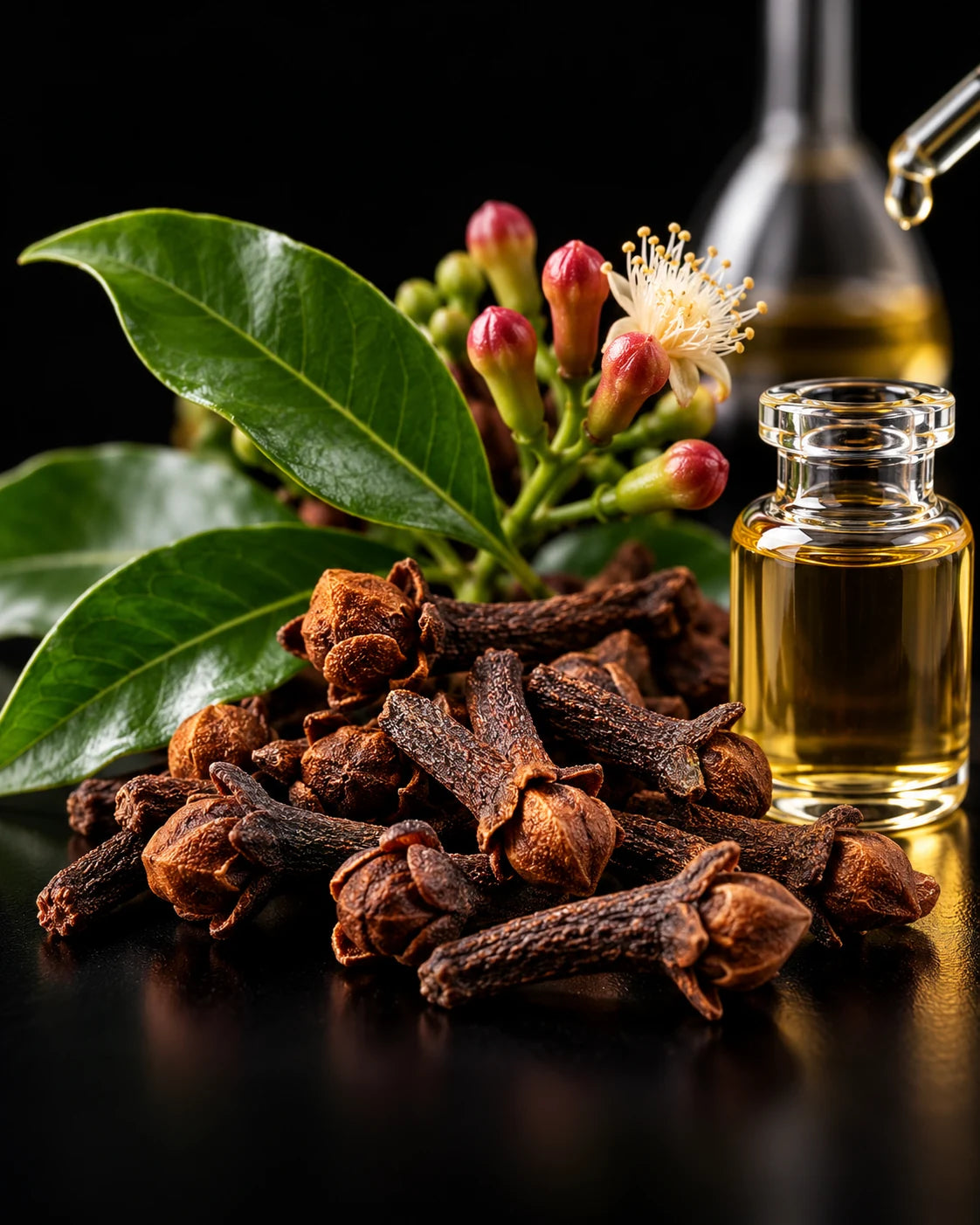 Whole clove buds and flowering clove buds beside clear golden clove essential oil on a black background.