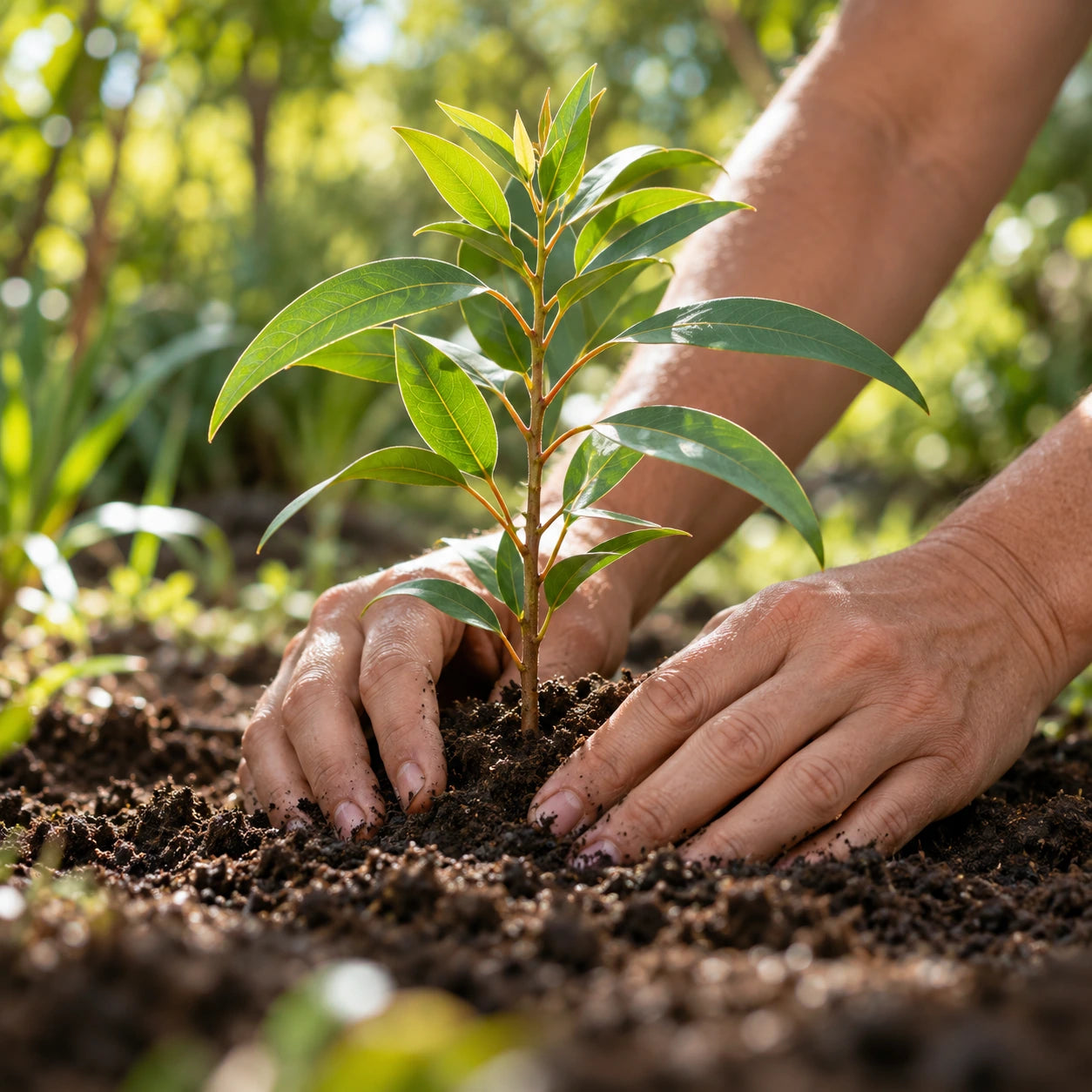 Hands gently planting a young tree in natural soil