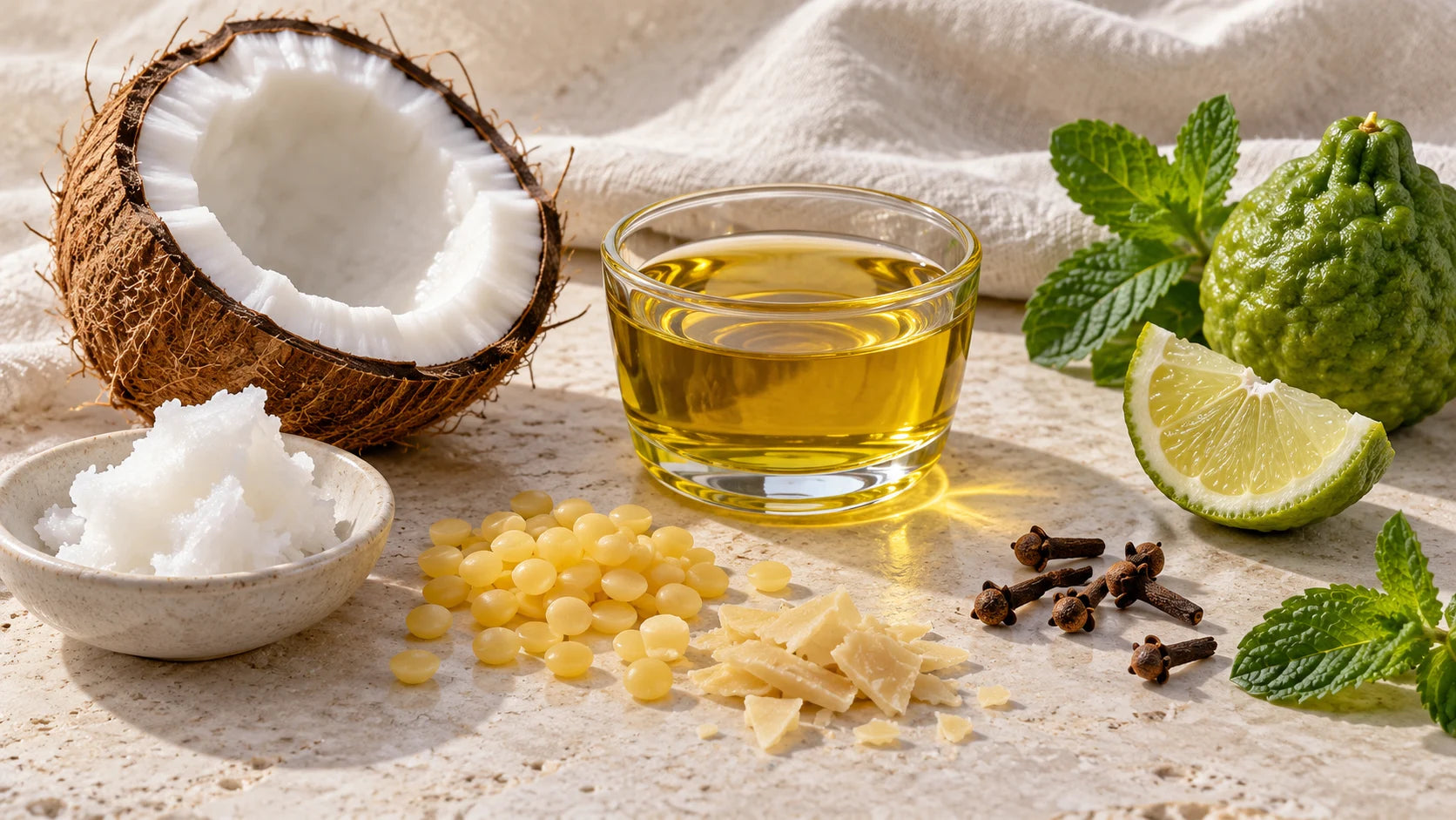 Olive oil, coconut oil, beeswax, clove buds, bergamot and mint on ivory stone