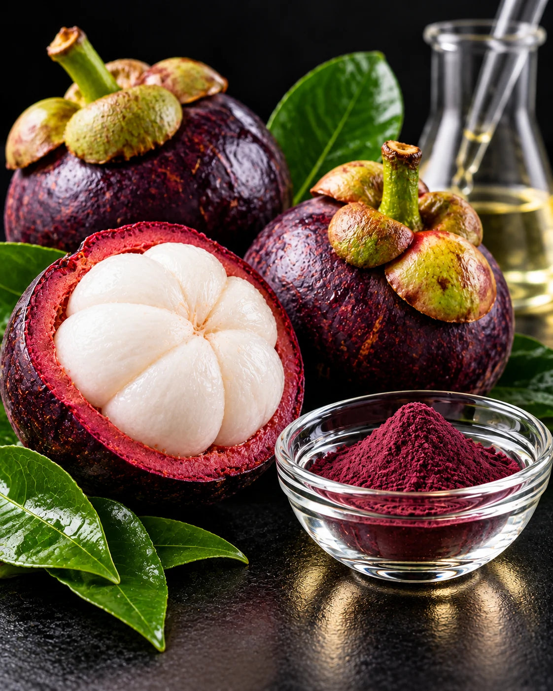 Purple mangosteens, one opened to show white segments, beside a glass dish of deep-red mangosteen powder on a dark bench.