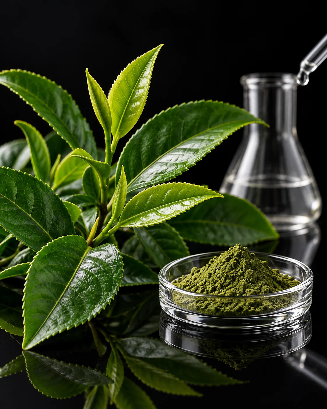 Fresh green tea leaves beside a glass dish of green tea extract powder on a dark bench.