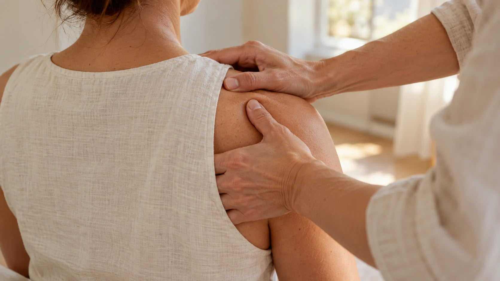 Professional hands-on shoulder massage in a warm, light treatment room