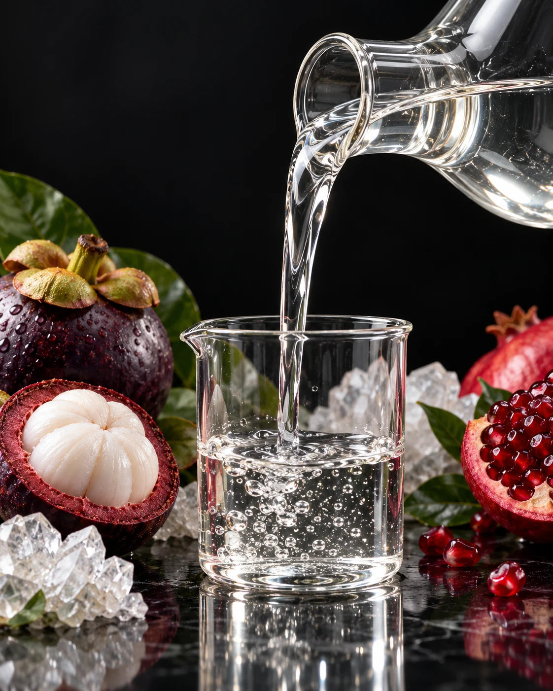 Clear liquid pouring into a laboratory beaker beside mangosteens and pomegranate seeds on a dark bench.