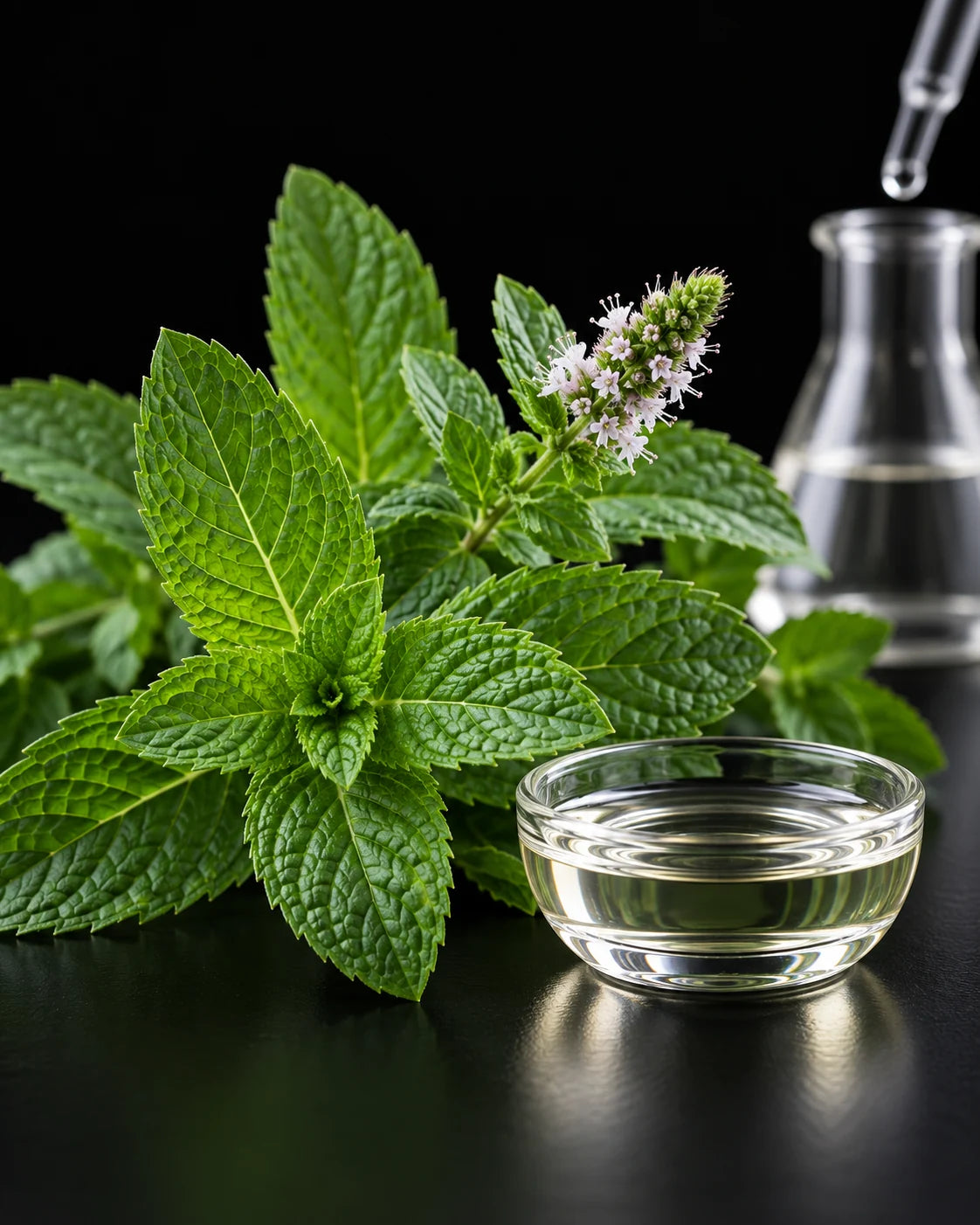 Fresh peppermint sprigs beside a glass of clear peppermint essential oil on a dark bench.