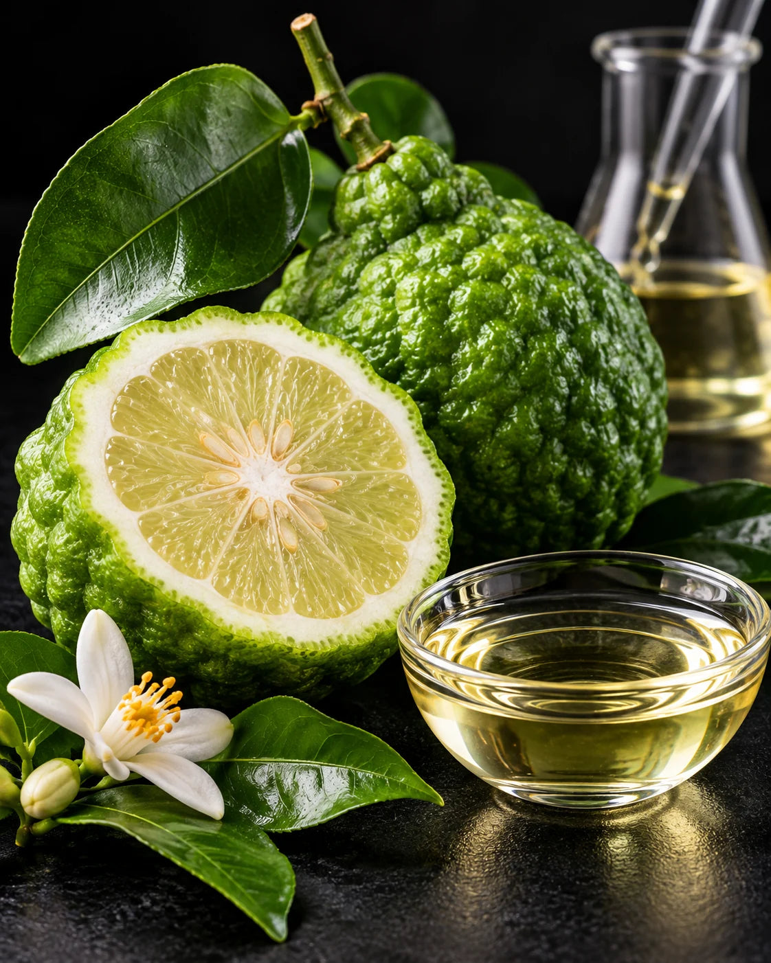 Green bergamot citrus fruit with leaves beside a glass of bergamot essential oil on a dark bench.