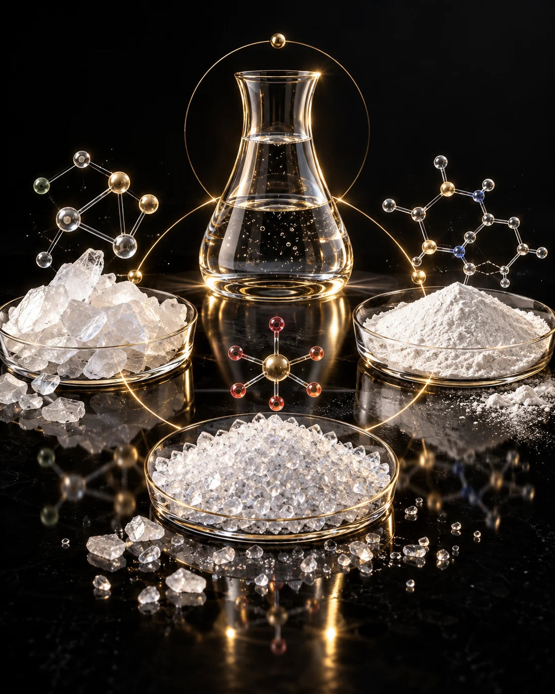 White magnesium salt crystals and powders in glass dishes beneath laboratory glassware on a dark bench.