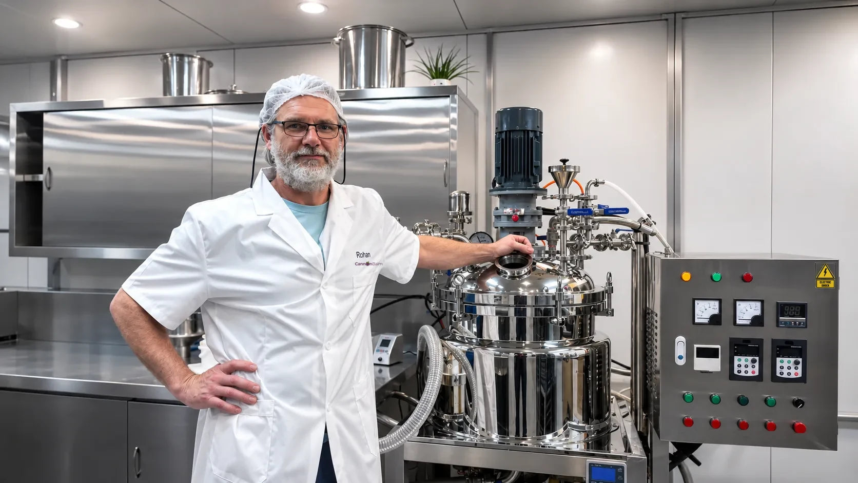 Rohan Cannon beside formulation equipment in the lab